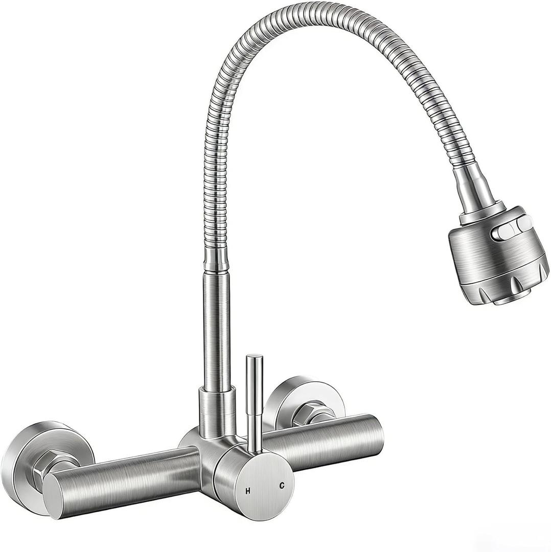 Wall Mount Kitchen Sink Faucet 8 Inch Center with Flexible Sprayer,Stainless Steel Mixer Tap with Dual Function Sprayer,Nickel Brushed Utility Sink Faucet, C Style, Nickel Brushed