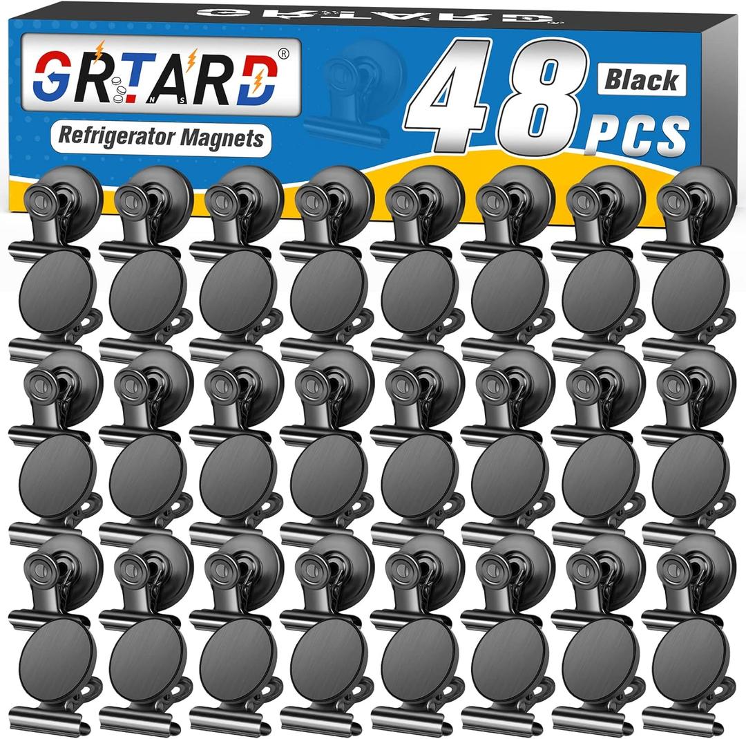 Grtard 48pack Magnetic Clips Heavy Duty, Black Magnet Clips for Fridge, Refrigerator Magnets, Scratch Free Magnets with Clip, Strong Magnetic Clip for Refrigerator, Whiteboard, Locker, Classroom