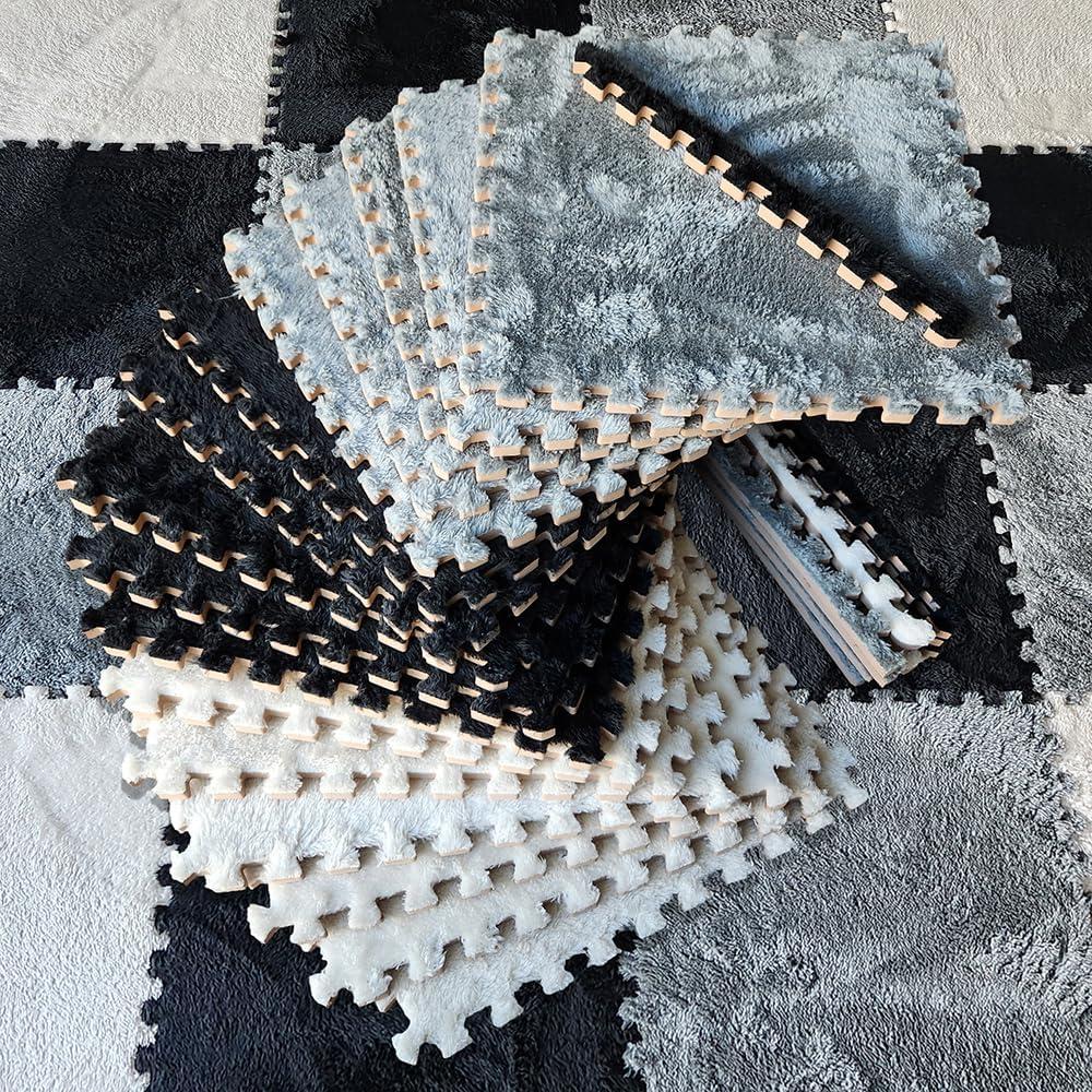 16 Piece Carpet Squares Puzzle Mat 49" x 49" Plush Interlocking Carpet Tiles, Foam Floor Tiles for Baby Play Mat - Kids Soft Play Mats Anti Slip Jigsaw Flooring Playmat Playroom Rug (Black,Gray,White)