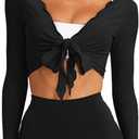 LASLULU Womens Tie Front Wrap Tops Long Sleeve Bolero Shrugs Crop Cardigan Yoga Ballet Cover up Tops Pilates Outfits (Black, L)