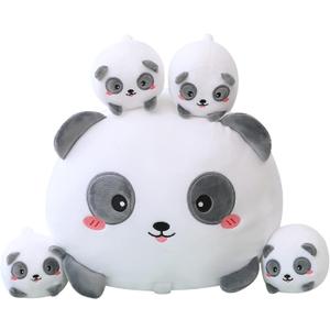 SQEQE Panda Mommy Stuffed Animal with 4 Baby Pandas, Super Soft Cartoon Hugging Toy Gifts for Girls Boys Birthday
