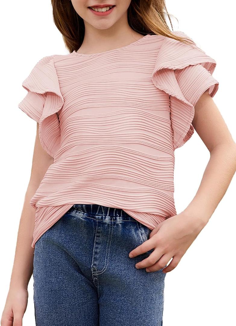 blibean Girls Ruffled Short Sleeve Textured Tops Shirts Size 6-7 Years (M)