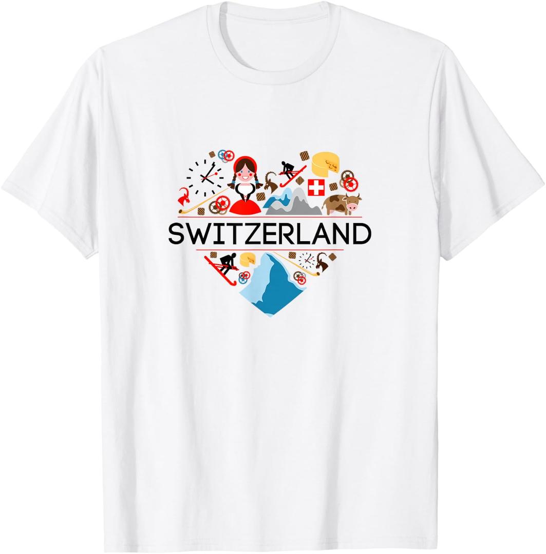 Switzerland Love | Illustrated Swiss Symbol, Alpine T-Shirt S