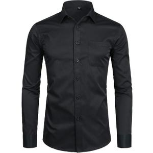 ZEROYAA Men's Long Sleeve Dress Shirt Solid Slim Fit Casual Business Formal Button Up Shirts with Pocket (Large, Black)