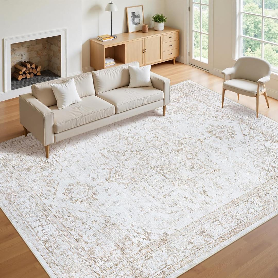 8x10 Area Rugs for Living Room:Beige Washable Vintage Medallion Rug Non-Slip Soft Low Pile Large Rugs Indoor Retro Carpet for Bedroom Kitchen Nursery Dining Table Office (Beige)