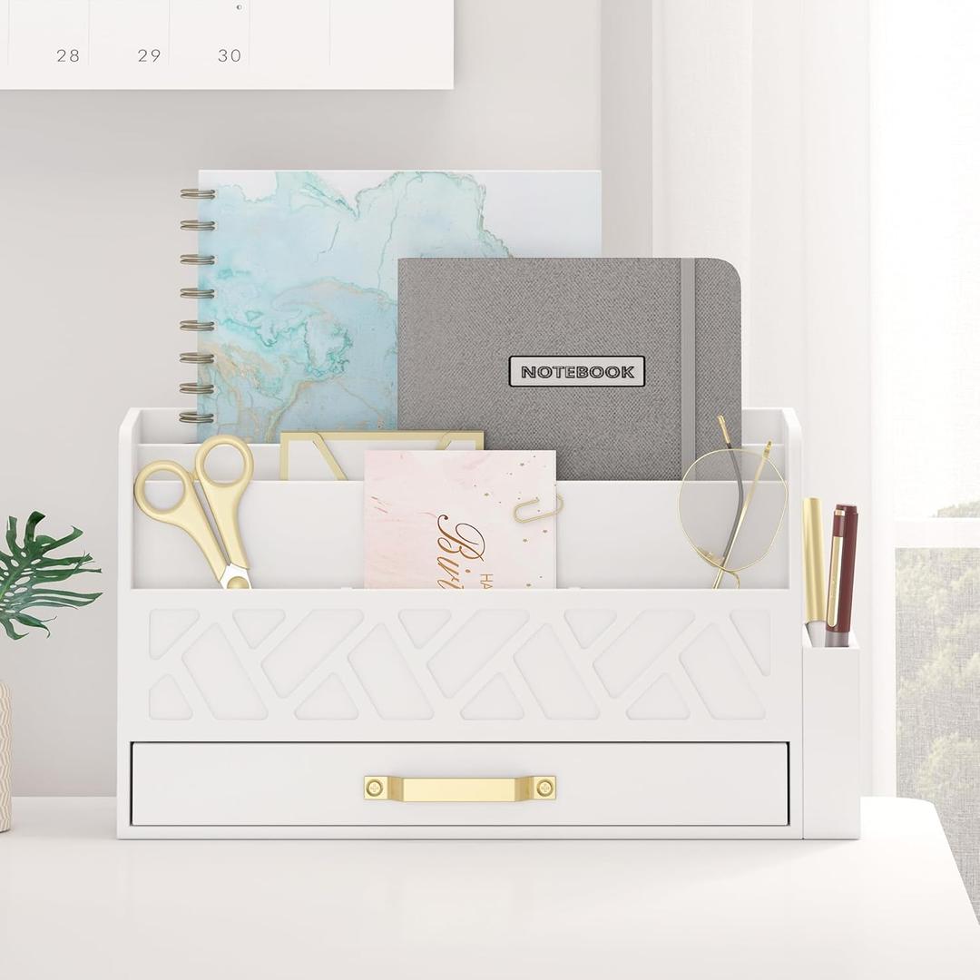 Wooden Desk Organizer,Desktop Organizer File Sorter for Office Supplies, Mail Organizer with Drawer,Desk Accessories & Workspace Organizers for Women White