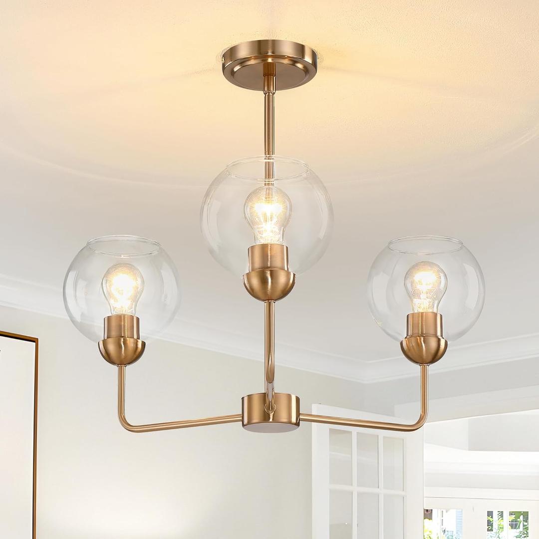 Gold Pendant Light 23 Inch, 3-Light Hanging Fixture with Clear Glass, Adjustable Kitchen Island Pendant Light, Brass Finish for Dining Room, Bedroom, Bathroom