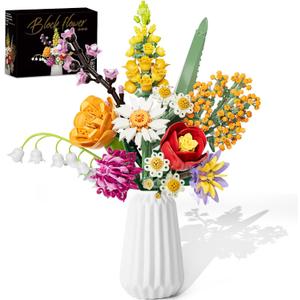 Flowers Bouquet Building Set, 1070PCS Artificial Plant Flower Kit Toy for Adults Kids Women Her, Wildflower Botanical Collection, Home Decor Gift for Birthday, Christmas (No Vase)