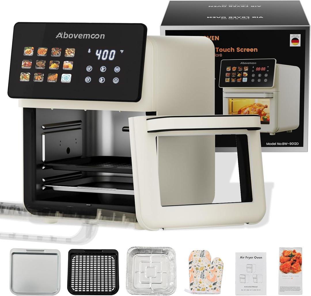 10L Large Xl Pro Air Fryer Oven With Grill Combo For Kitchen Countertop Use,12 in 1 Smart Convection Ovens,AirFryer With Glass View Window,Nonstick Basket,Fryer Liners,Removable Door-White, Creamy White