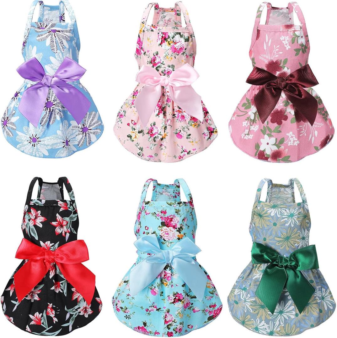 6 Pieces Puppy Dog Dress Pet Bowknot Princess Dress Puppy Floral Vest Skirt Pet Summer Dress Dog Cute Rosette Sundress Apparel for Small Dog Cat Pet (L (5-6lbs), Classic Style)