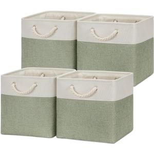 Temary Cube Storage Baskets for Shelves 12 Inch Storage Cubes 4pack Fabric Storage Baskets for Organizing Clothes, Closet Basket with Rope Handles for Home (White&Green)
