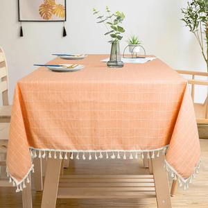 ShinyBeauty Rectangle Tablecloth Cotton Tablecloth Wrinkle Free Dust-Proof Table Cloth Checkered Design Tablecloth Heavy Weight Cotton Linen 55x86 Coral Embroidery Tassel Tablecloth for Home Kitchen