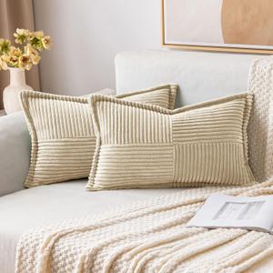 MIULEE Cream Corduroy Lumbar Pillow Covers 12x20 Inch 12x20 Inch with Splicing Set of 2 Soft Boho Pillow Covers Broadside Decorative Textured Pillowcases for Couch Bed Livingroom