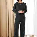 Panadila Womens Oversized Lounge Sets 2 Piece Matching Pajama Sets Long Sleeve Crop Top and Wide Leg Pants with Pockets (Black, L)