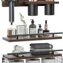 Bathroom Floating Shelves with Hair Dryer Holder - Wall Mounted Wood Wall Shelf with Blow Dryer Storage Over The Toilet - Set of 3 Rustic Brown Farmhouse Decor