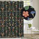 Tititex Boho Rustic Floral Black Faux Linen Shower Curtain, Vintage Watercolor Leaves with Flowers Bathroom Decoration Shower Curtain Sets 71x71 Inch with Hooks