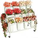 Three-layer Heavy-duty Metal Flower Bar Stand, Flower Cart Display Stand with Wheels, Flower Display Stand Without a Barrel (White)