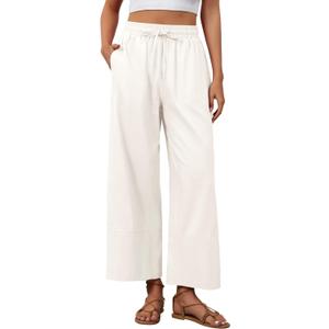 Womens Cotton Linen Pants Wide Leg Summer Trousers with Pockets | Boho Loose Fit, Drawstring Waist, Long Lounge Trousers (Beige, M)