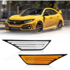 D-Lumina Switchback LED Side Marker Lights Smoked Lens Sequential LED Turn Signal for 2016-2021 10th Gen Honda Civic Si Hatchback Type R Sedan Coupe, Dynamic Amber & White Front Fender Bumper Lights