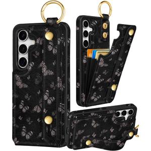 Petitian for Samsung Galaxy S25/S24 Case with Wallet - Women Girls Cute Girly Aesthetic Unique Design Leather Credit Card Holder Cardholder Stand Wristband for S25/S24, Black Butterfly