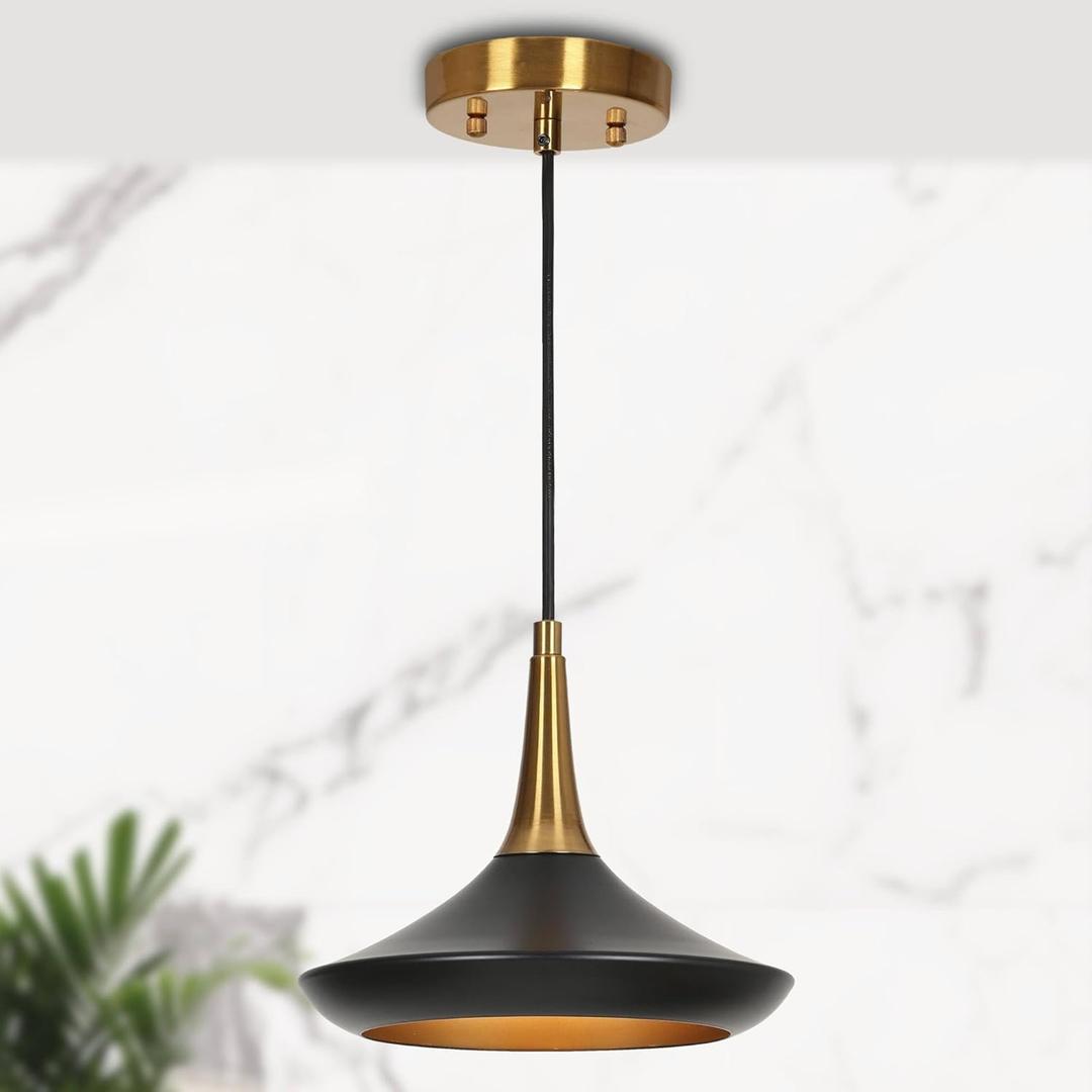 KSANA 9'' Pendant Lights Kitchen Island, 1-Light Black and Gold Brass Kitchen Pendant Lighting Over Island, 9 Inch Modern Metal Pendant Light Fixtures