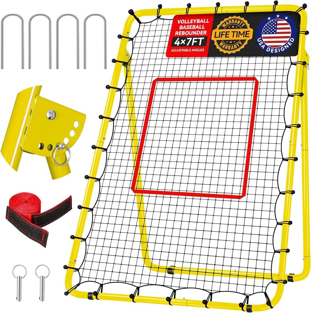 4x7ft Baseball Rebounder Anti-UV 5 Adjustable Angles Fielding Trainer, Volleyball Softball Football Rugby Baseball Bounce Back Net Anti-Skid Easy Storage Pitch Back Rebound Net with 4 Stakes (Yellow)