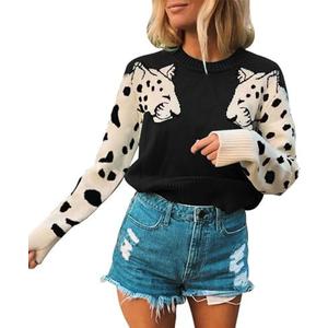 Angashion Women's Sweaters Casual Floral Printed Patchwork Long Sleeves Knitted Pullover Cropped Sweater Tops, M