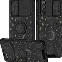 Goocrux (2in1 for Samsung Galaxy S20 FE 5G Case Moon Plants for Women Girls Cute Phone Cover Flower Heart Stars Space Design with Slide Camera Cover+Ring Holder Fashion Black Cases for S20FE 6.5''