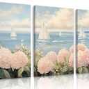 Set of 3 Pink Coastal Hydrangea Canvas Wall Art Seascape Floral Painting Picture Wall Decor Vintage Sailboats Poster print Artwork for Living Room Bedroom dormitory Home Decoration