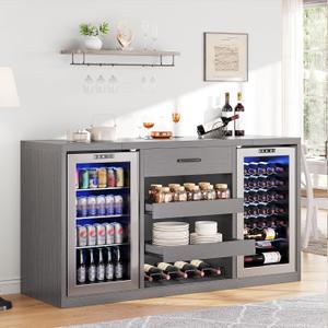 Large Coffee Bar Cabinet, Mini Fridge Cabinet with Power Outlets and Fridge Space, Farmhouse Design Liquor Cabinet for Kitchen and Dining Room, Black (63 inch)