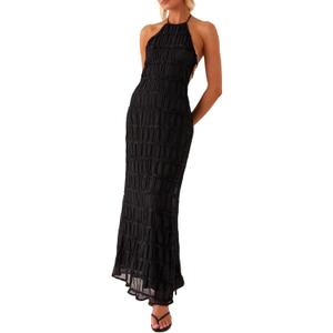 Women Summer Halter Neck Maxi Dress Flowy Ruffle Tiered Sleeveless Sundress Boho Backless Spaghetti Strap Long Dress (Small, Black)