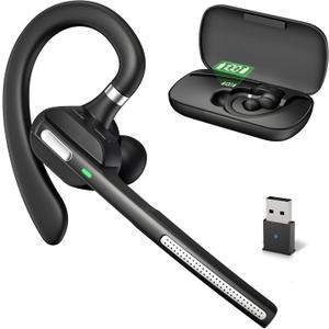 Bluetooth Headset with Noise-Cancelling Mic, Wireless Earpiece with USB Dongle for PC/Laptop, Hands-Free Headset for Work, Meetings, MS Teams, Business (Black)