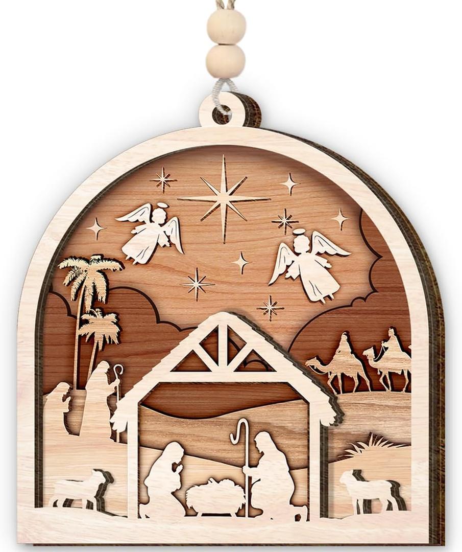 Nativity Scene Ornaments 2025 - Holy Family Christmas Ornament for Tree Decor, Catholic & Religious Gift for Women, Church Gifts for Men, Family, Friends, Wooden Nativity Ornament
