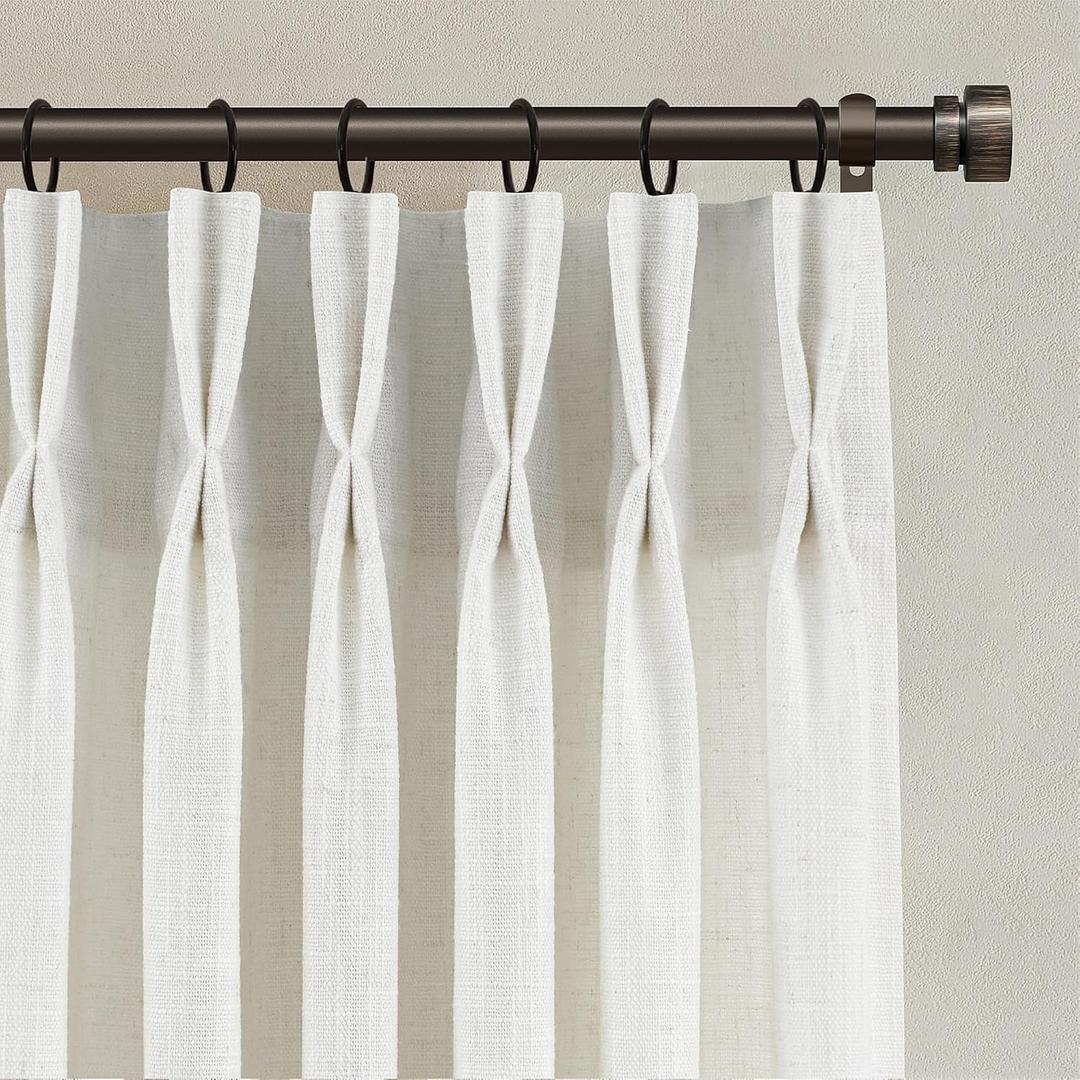 Pinch Pleated Linen Curtains 90 Inches Long for Living Dining Room Bedroom 2 Panel Set Beige White Cream Pinch Pleat Curtain 90 Inch Neutral Boho Floor to Ceiling Curtains Semi Sheer Linen Drapes, 40"W x 90"L (Pack of 2), Beige White