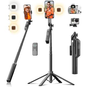 Selfie Stick Phone Tripod - 71 inch Tall Cell Phone Holder with Detachable Wireless Remote and 2 LED Lights for Recording, Video and Picture, Phone Stand for iPhone, Android, Camera & Gopro