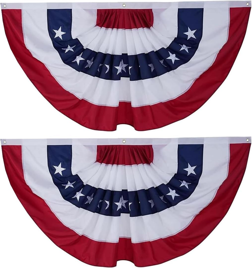 Bradford American Bunting Flags 3x6 ft 2 Pack for Outdoor, Embroidered USA Bunting Flags with 3 Brass Grommets, US Pleated Fan Flag Patriotic Half Fan for 4th of July Memorial Day 250 Anniversary