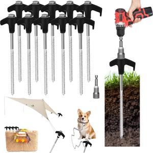 20 Pack 8" Screw in Tent Stakes Heavy Duty- Ground Anchors Screw- Tent Pegs Camping Stakes- Hex Pegs Drillable Tent Stakes and Hexagon Head Drive and Storage Box (Black)