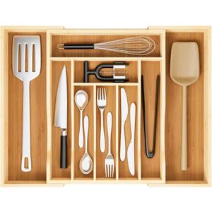 Expandable and Adjustable Bamboo Drawer Organizer Tray - Cutlery Drawer Organizer for Kitchen Utensils, Silverware Organizer with Dividers, 7-9 Slots with Curved Grooves (Natural)
