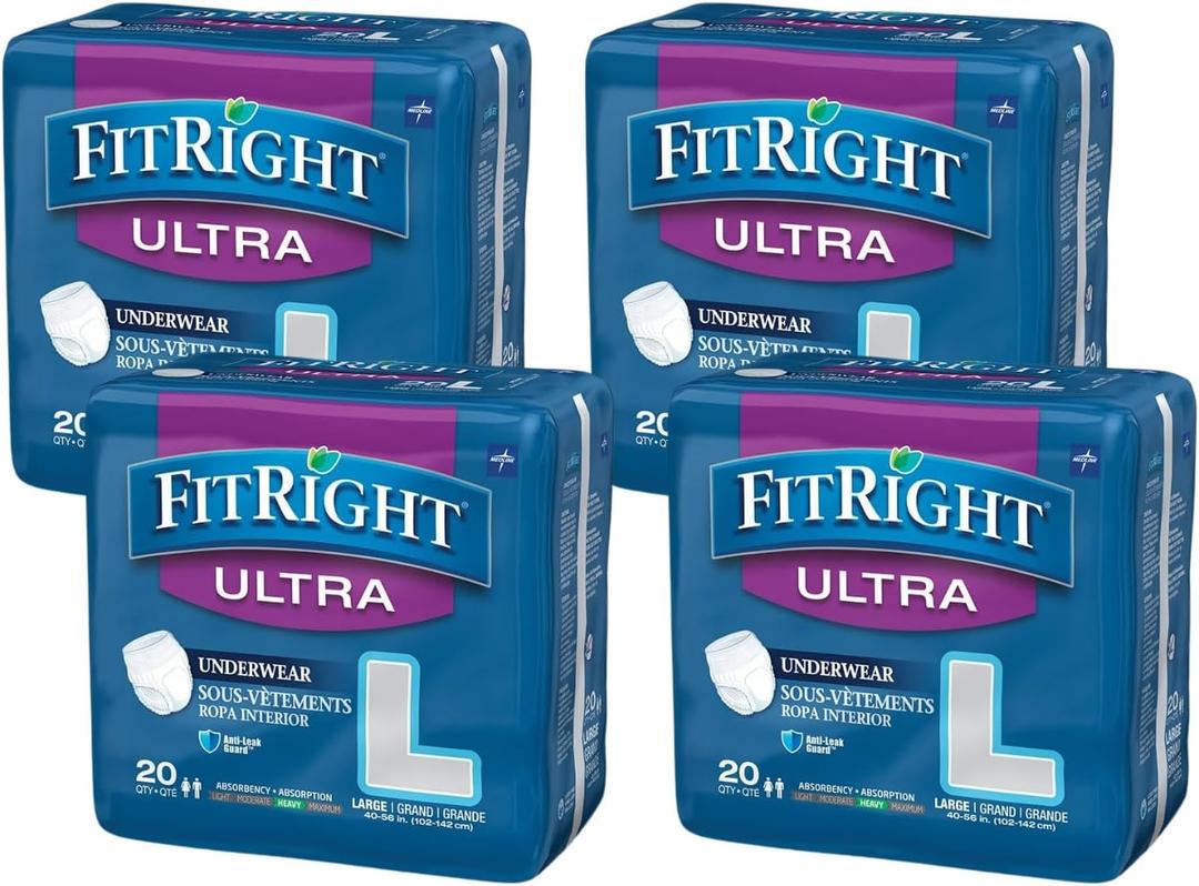 FitRight Ultra Adult Incontinence Underwear, Heavy Absorbency, Large, 40 - 56, 4 Packs of 20 (80 Total)