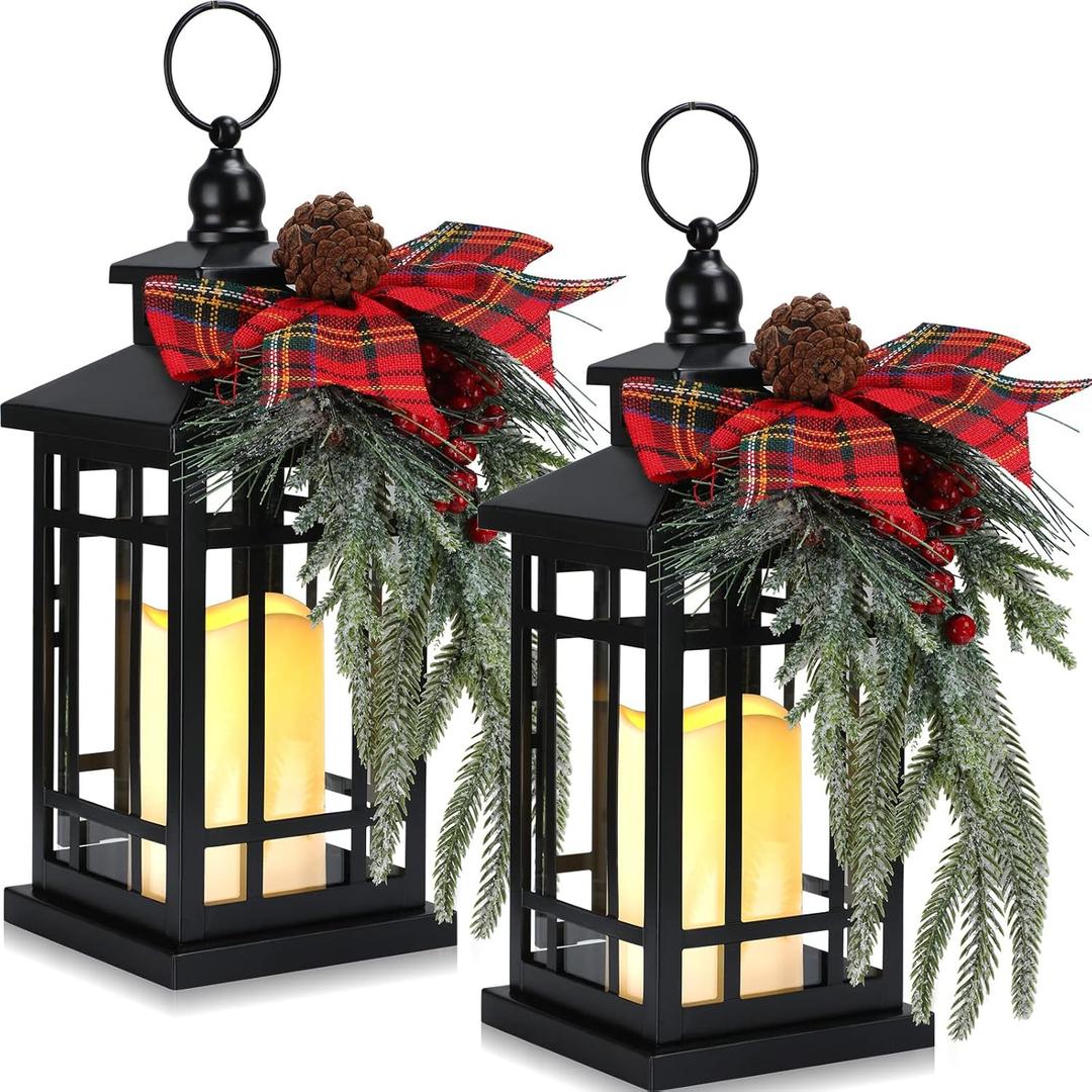Tuanse 2 Pcs Christmas Decorative Lanterns Black Metal Christmas Party Hanging Candle Lantern Vintage Flameless Decorative Lanterns with LED Lights for Indoor Outdoor Home Table Porch