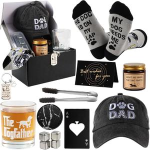 14 Pieces Dog Dad Gifts for Dad,Dog Gift for Father Including Whiskey Set Socks Keychain Hat Bottle Opener Greeting Cards Sented Candle