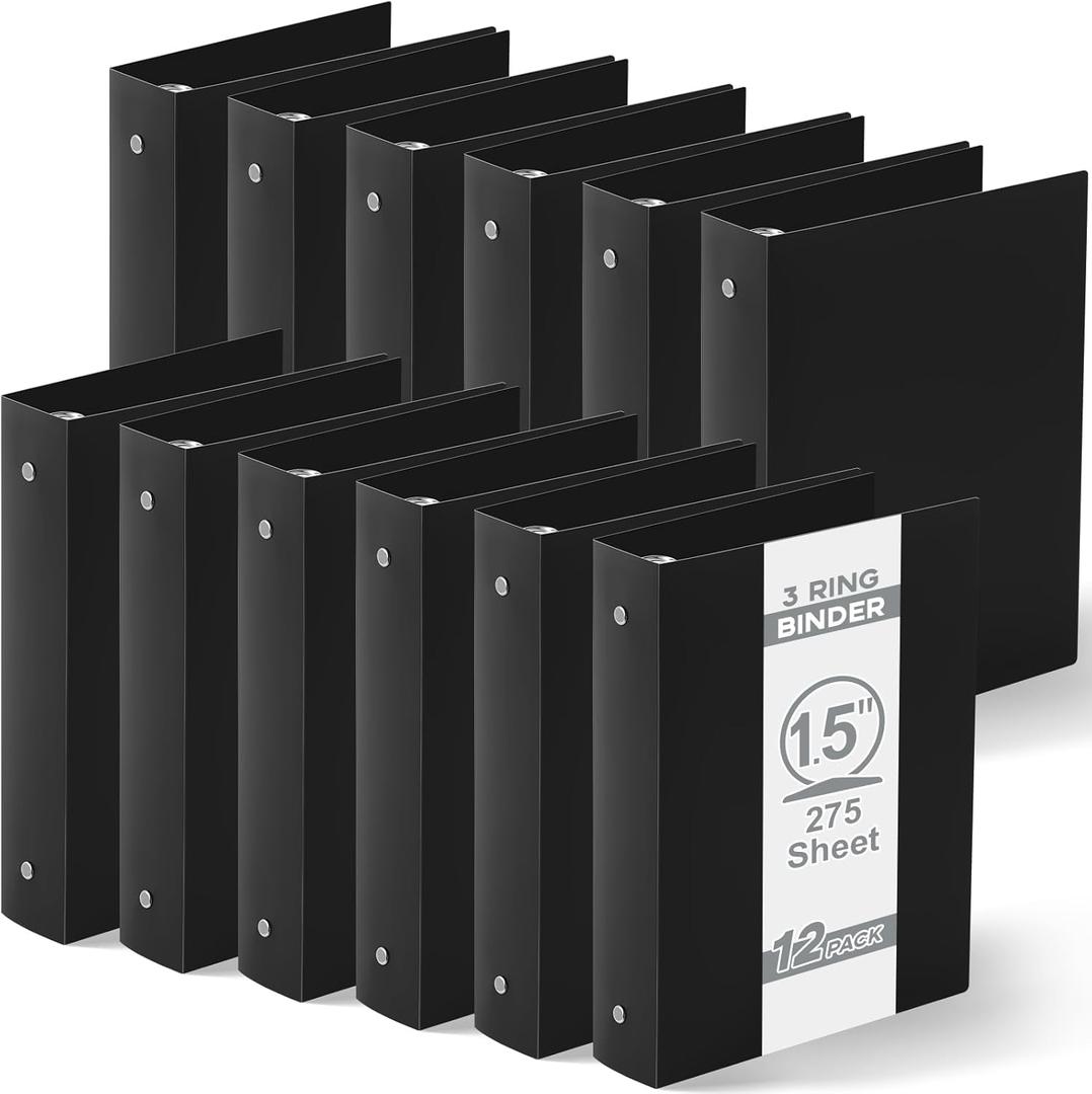 Henoyso 12 Pcs Mini 3 Ring Binders Plastic 1.5'' Binder, Fits 5.5" x 8.5" Paper Holds(capacity 280 Sheets), Flexible Three Round Rings Small Black Binders Bulk for School, Office Use, Photo Album Page