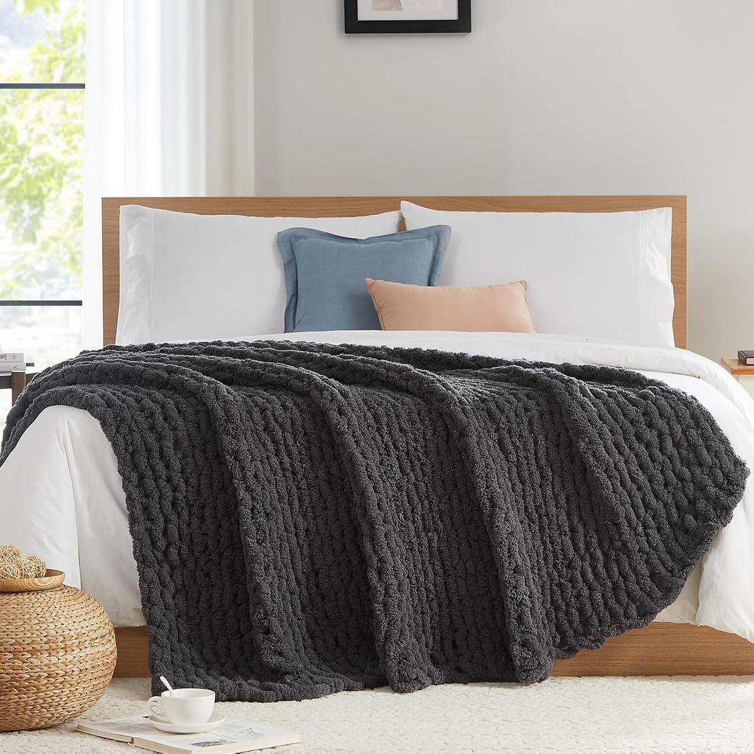 L'AGRATY Chunky Knit Blanket Throw: 60''x80'' Chenille Chunky Knitted Throw Blankets for Twin Bed Couch - Handmade Thick Cable Knit Blanket - Large Crochet Rope Blankets for Home Decor(Dark Grey)