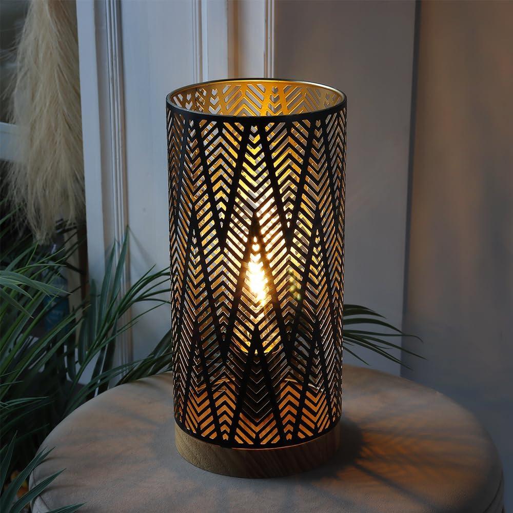 JHY DESIGN Metal Lamp Battery Powered 11''H Accent Cordless Decor Battery Lamp with 6-Hours Timer for Weddings Party Patio Garden Indoor Outdoor Table Balcony Christmas Decorations (with Wooden Base) (Lightning Linear Patterned)