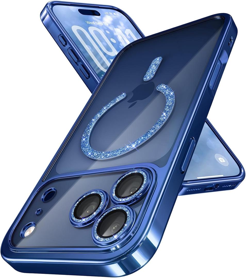 Magnetic for iPhone 17 Pro Case with Glitter Integrated Lens Protection, [Glossy Bumper & Shiny Magnetic Ring] [Compatible with Magsafe] Cute Women Girly Protective Phone Case for iPhone 17 Pro Blue