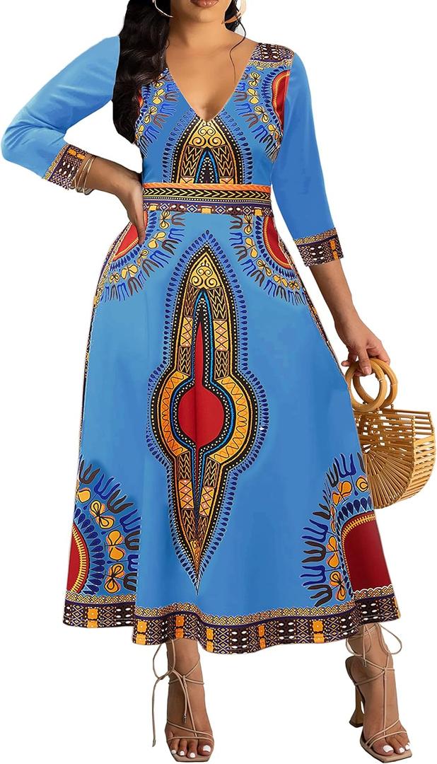 African Long Dresses for Women Sexy V Neck Print Dresses Elegant Dashiki Maxi High Waist Cocktail Dress Bohemian Vintage Outfits, L