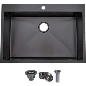VAPSINT 33 x 22 Inch Drop in Black Kitchen Sink, 33 x 22 Inch Black Gunmetal Single Bowl Stainless Steel Basin Topmount Kitchen Sink, Black Farmhouse Sink with Strainer 18 Gauge Metal Laundry Sink