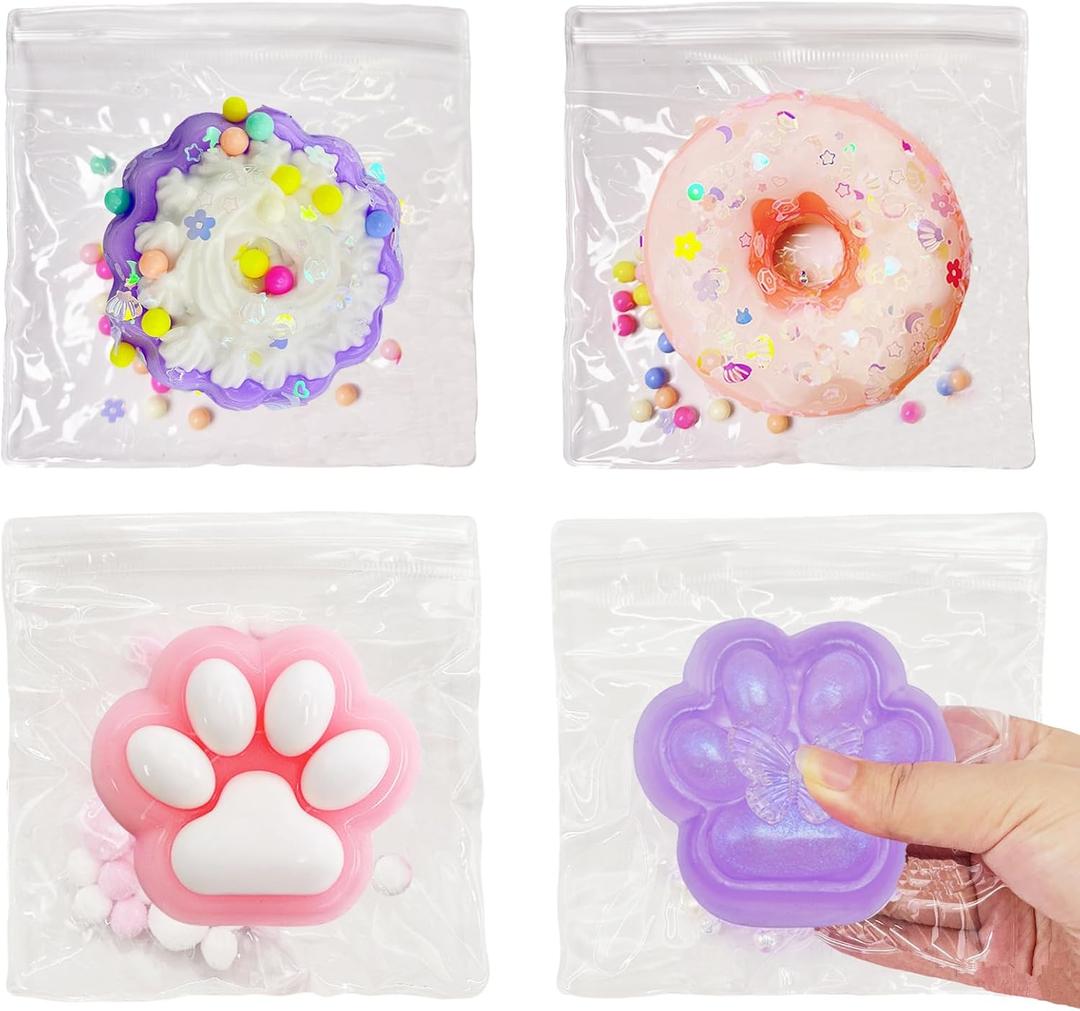 4 Pcs Cat Paw Squishy Donut Squeeze Toys Pinch Cute Fufu Squishy Toys for Anxiety Relief Soft Stress Toys for Relaxation Party Favors Novelty Things Adults Birthdays Cosplay Party
