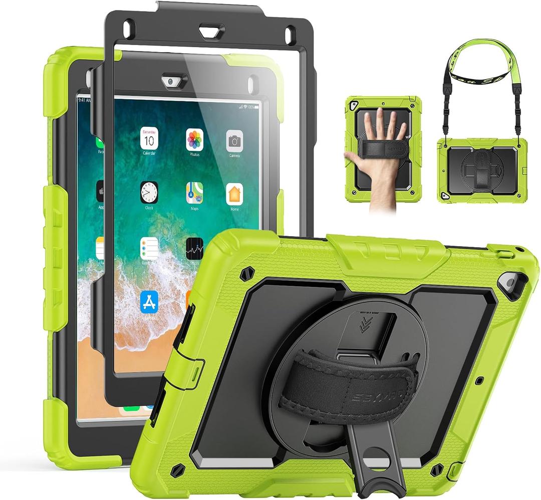 SEYMAC Case for iPad 6th/5th Generation 9.7 Inch, Full-Body Shockproof Heavy Duty Protective Case with Screen Protector, Rotating Stand/Hand/Shoulder Strap for iPad Air 2/ Pro 9.7, Green