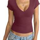EasyGala Womens Deep V Neck Short Sleeve Shirts Sexy Slim Fit Crop Tops Basic Tees Going Out Summer Outfits Wine Red X-Large